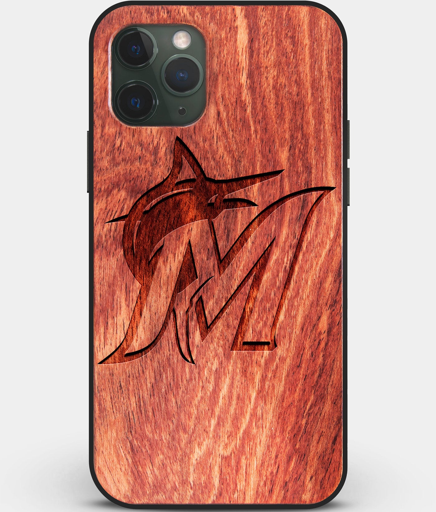 Custom Carved Wood Miami Marlins iPhone 11 Pro Case | Personalized Mahogany Wood Miami Marlins Cover, Birthday Gift, Gifts For Him, Monogrammed Gift For Fan | by Engraved In Nature