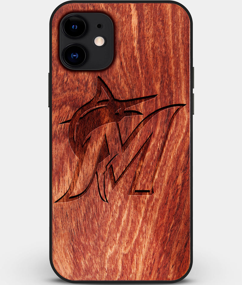 Custom Carved Wood Miami Marlins iPhone 12 Case | Personalized Mahogany Wood Miami Marlins Cover, Birthday Gift, Gifts For Him, Monogrammed Gift For Fan | by Engraved In Nature