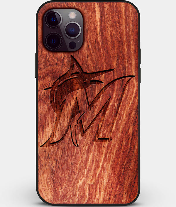 Custom Carved Wood Miami Marlins iPhone 12 Pro Case | Personalized Mahogany Wood Miami Marlins Cover, Birthday Gift, Gifts For Him, Monogrammed Gift For Fan | by Engraved In Nature
