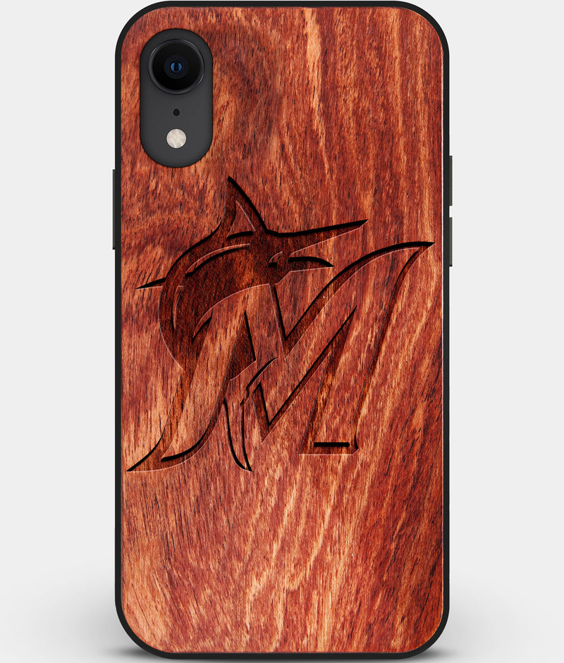 Custom Carved Wood Miami Marlins iPhone XR Case | Personalized Mahogany Wood Miami Marlins Cover, Birthday Gift, Gifts For Him, Monogrammed Gift For Fan | by Engraved In Nature