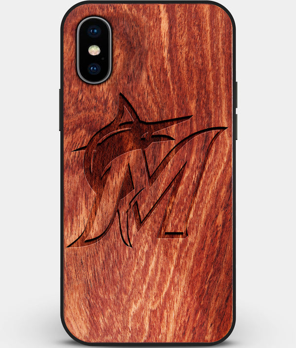 Custom Carved Wood Miami Marlins iPhone X/XS Case | Personalized Mahogany Wood Miami Marlins Cover, Birthday Gift, Gifts For Him, Monogrammed Gift For Fan | by Engraved In Nature