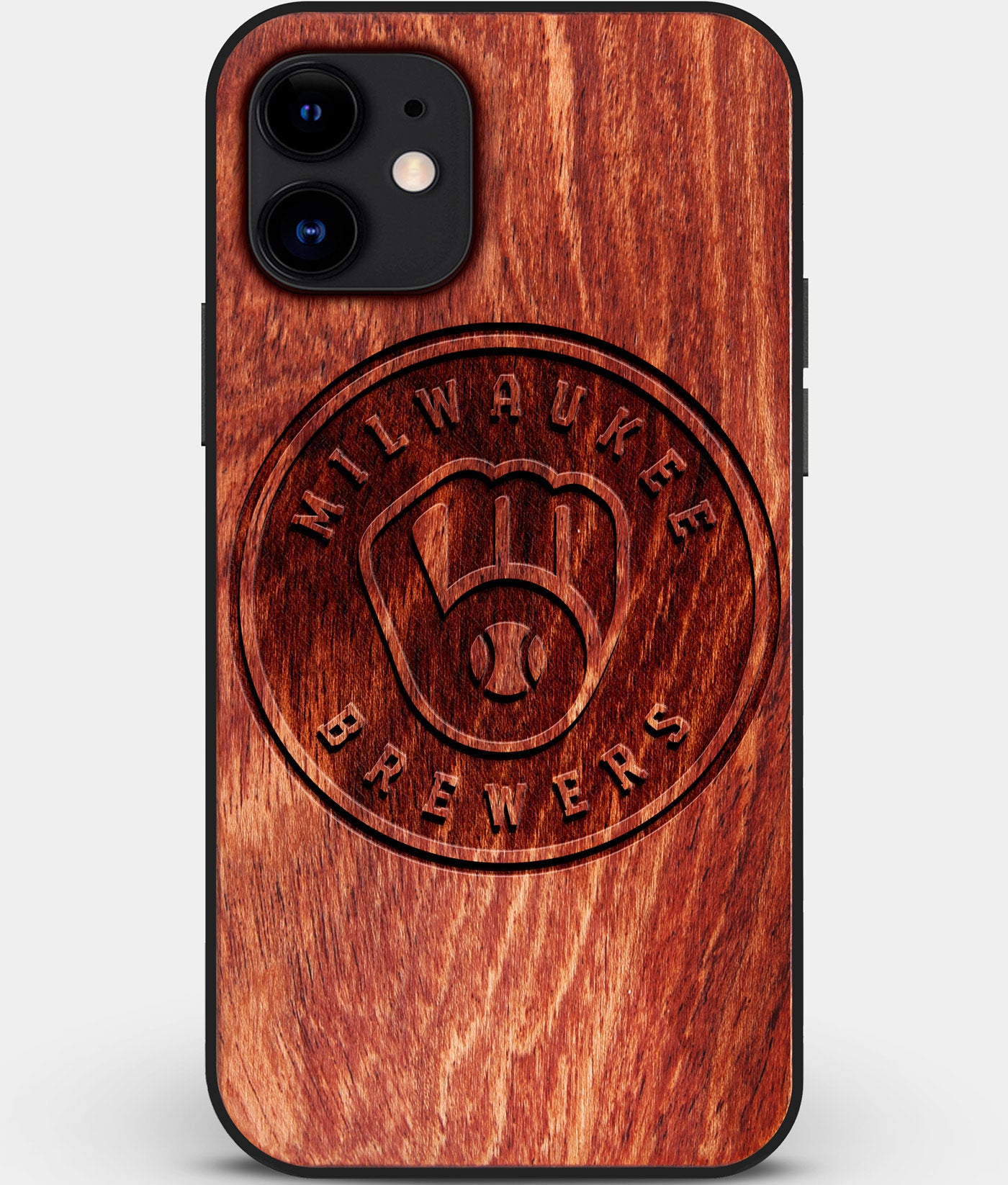 Custom Carved Wood Milwaukee Brewers iPhone 11 Case | Personalized Mahogany Wood Milwaukee Brewers Cover, Birthday Gift, Gifts For Him, Monogrammed Gift For Fan | by Engraved In Nature