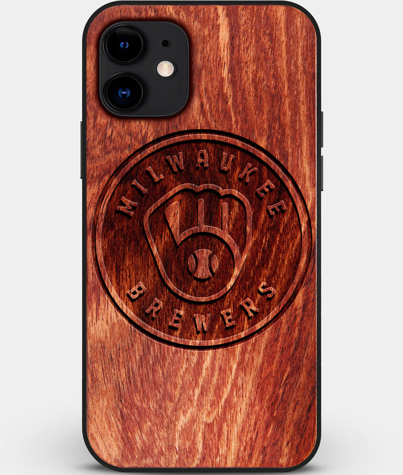 Custom Carved Wood Milwaukee Brewers iPhone 11 Case | Personalized Mahogany Wood Milwaukee Brewers Cover, Birthday Gift, Gifts For Him, Monogrammed Gift For Fan | by Engraved In Nature