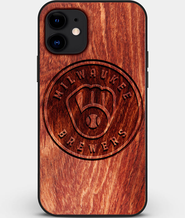 Custom Carved Wood Milwaukee Brewers iPhone 12 Case | Personalized Mahogany Wood Milwaukee Brewers Cover, Birthday Gift, Gifts For Him, Monogrammed Gift For Fan | by Engraved In Nature