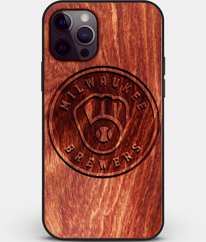 Custom Carved Wood Milwaukee Brewers iPhone 12 Pro Case | Personalized Mahogany Wood Milwaukee Brewers Cover, Birthday Gift, Gifts For Him, Monogrammed Gift For Fan | by Engraved In Nature