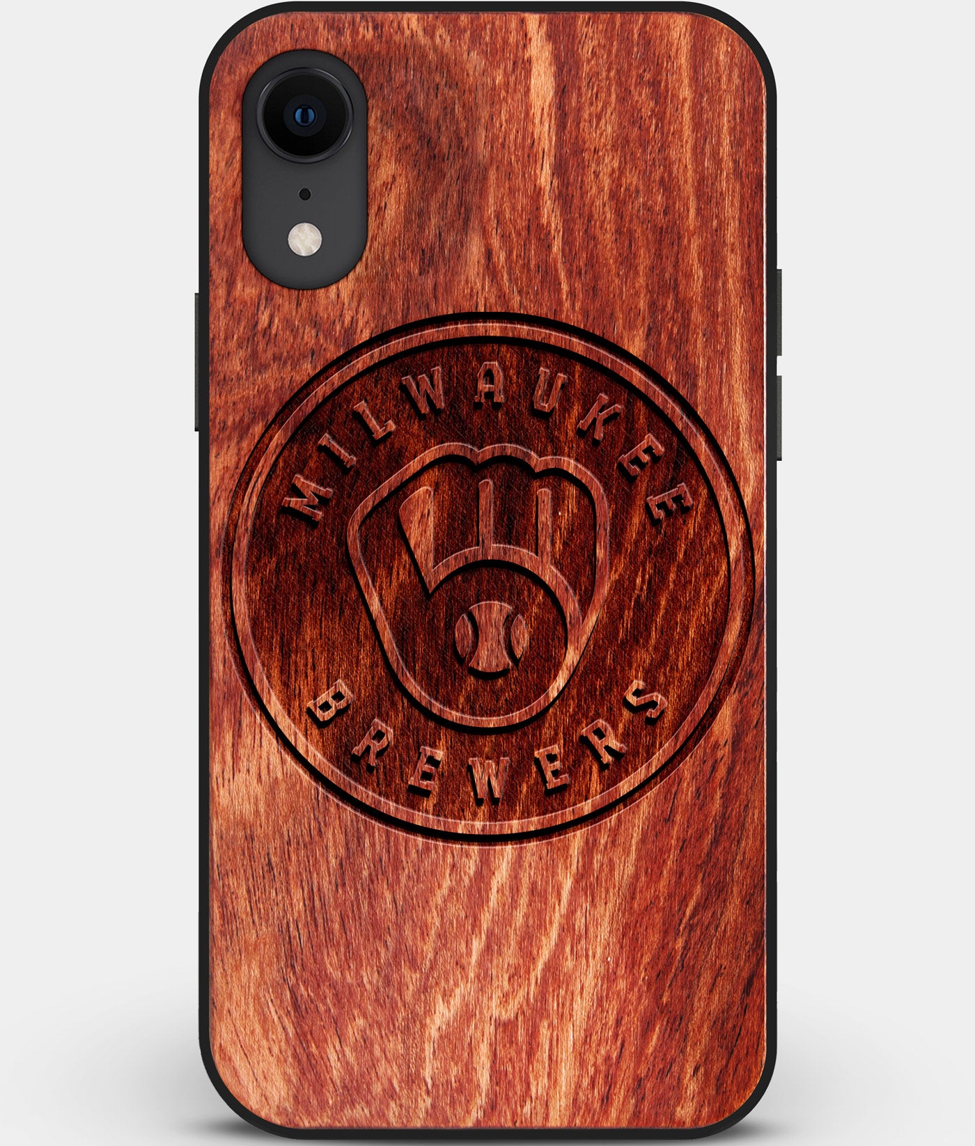 Custom Carved Wood Milwaukee Brewers iPhone XR Case | Personalized Mahogany Wood Milwaukee Brewers Cover, Birthday Gift, Gifts For Him, Monogrammed Gift For Fan | by Engraved In Nature