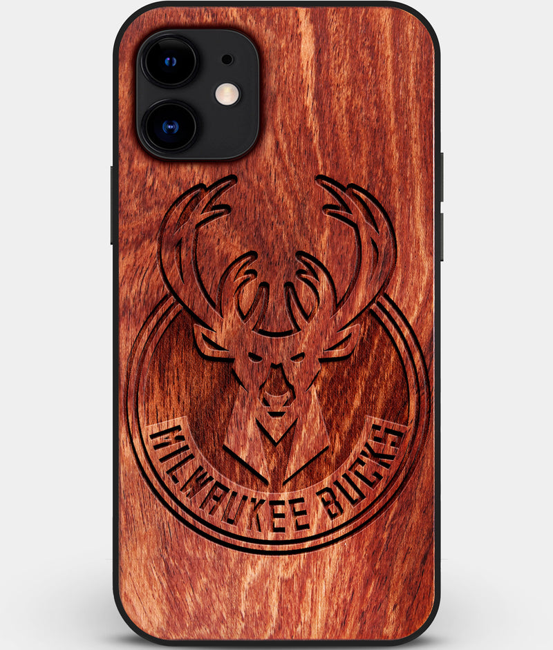 Custom Carved Wood Milwaukee Bucks iPhone 11 Case | Personalized Mahogany Wood Milwaukee Bucks Cover, Birthday Gift, Gifts For Him, Monogrammed Gift For Fan | by Engraved In Nature
