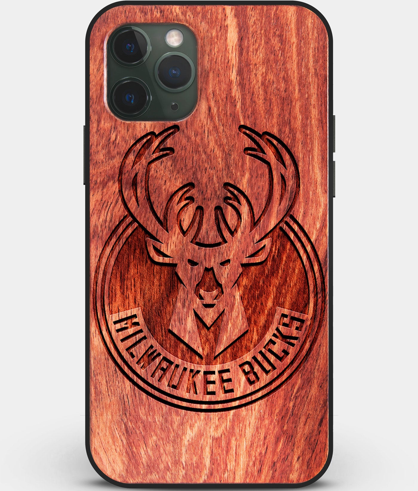 Custom Carved Wood Milwaukee Bucks iPhone 11 Pro Case | Personalized Mahogany Wood Milwaukee Bucks Cover, Birthday Gift, Gifts For Him, Monogrammed Gift For Fan | by Engraved In Nature
