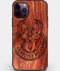 Custom Carved Wood Milwaukee Bucks iPhone 12 Pro Case | Personalized Mahogany Wood Milwaukee Bucks Cover, Birthday Gift, Gifts For Him, Monogrammed Gift For Fan | by Engraved In Nature