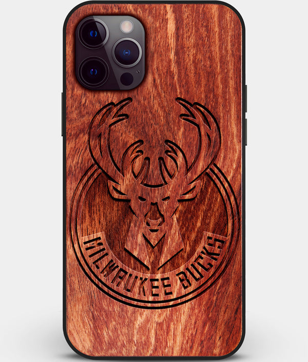 Custom Carved Wood Milwaukee Bucks iPhone 12 Pro Max Case | Personalized Mahogany Wood Milwaukee Bucks Cover, Birthday Gift, Gifts For Him, Monogrammed Gift For Fan | by Engraved In Nature