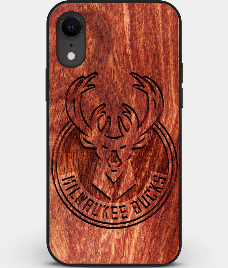 Custom Carved Wood Milwaukee Bucks iPhone XR Case | Personalized Mahogany Wood Milwaukee Bucks Cover, Birthday Gift, Gifts For Him, Monogrammed Gift For Fan | by Engraved In Nature