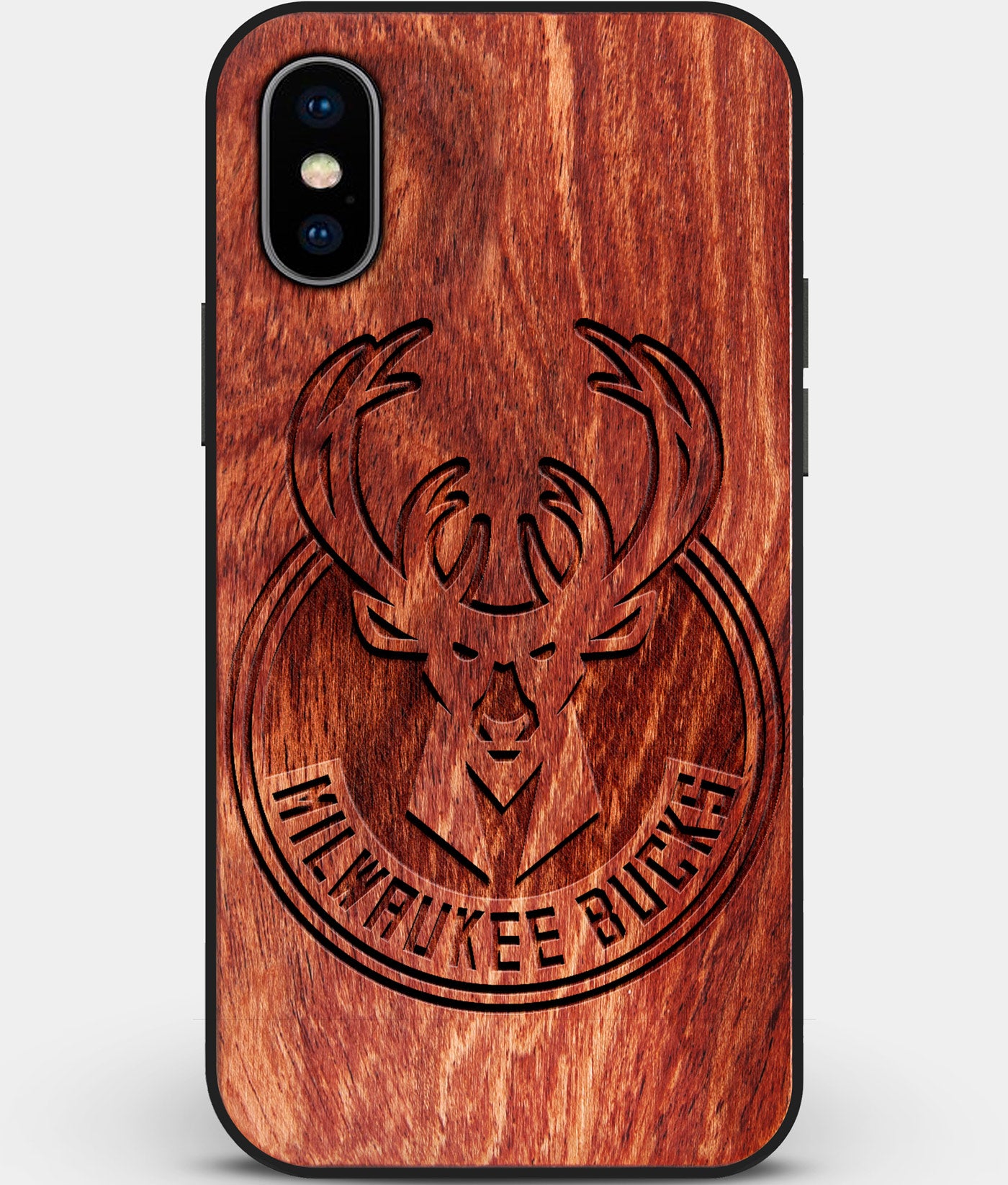 Custom Carved Wood Milwaukee Bucks iPhone X/XS Case | Personalized Mahogany Wood Milwaukee Bucks Cover, Birthday Gift, Gifts For Him, Monogrammed Gift For Fan | by Engraved In Nature