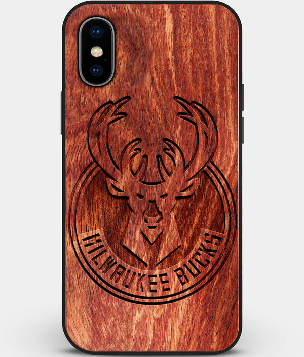 Custom Carved Wood Milwaukee Bucks iPhone X/XS Case | Personalized Mahogany Wood Milwaukee Bucks Cover, Birthday Gift, Gifts For Him, Monogrammed Gift For Fan | by Engraved In Nature