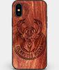 Custom Carved Wood Milwaukee Bucks iPhone XS Max Case | Personalized Mahogany Wood Milwaukee Bucks Cover, Birthday Gift, Gifts For Him, Monogrammed Gift For Fan | by Engraved In Nature