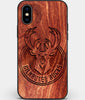 Custom Carved Wood Milwaukee Bucks iPhone XS Max Case | Personalized Mahogany Wood Milwaukee Bucks Cover, Birthday Gift, Gifts For Him, Monogrammed Gift For Fan | by Engraved In Nature