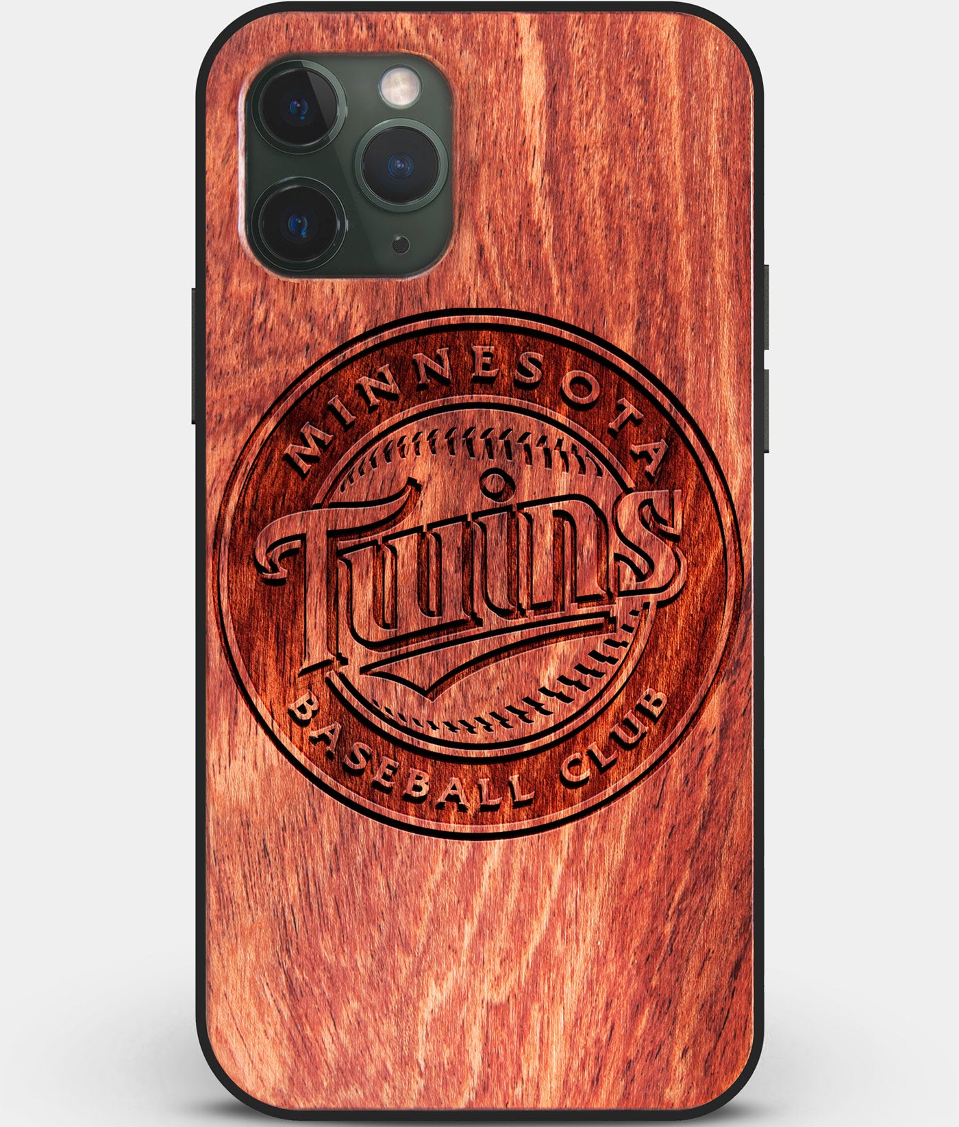 Custom Carved Wood Minnesota Twins iPhone 11 Pro Case | Personalized Mahogany Wood Minnesota Twins Cover, Birthday Gift, Gifts For Him, Monogrammed Gift For Fan | by Engraved In Nature