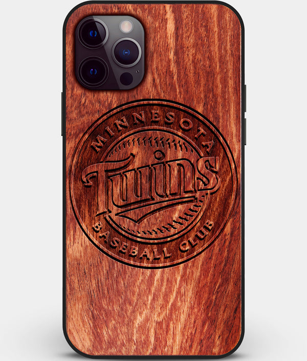 Custom Carved Wood Minnesota Twins iPhone 12 Pro Case | Personalized Mahogany Wood Minnesota Twins Cover, Birthday Gift, Gifts For Him, Monogrammed Gift For Fan | by Engraved In Nature
