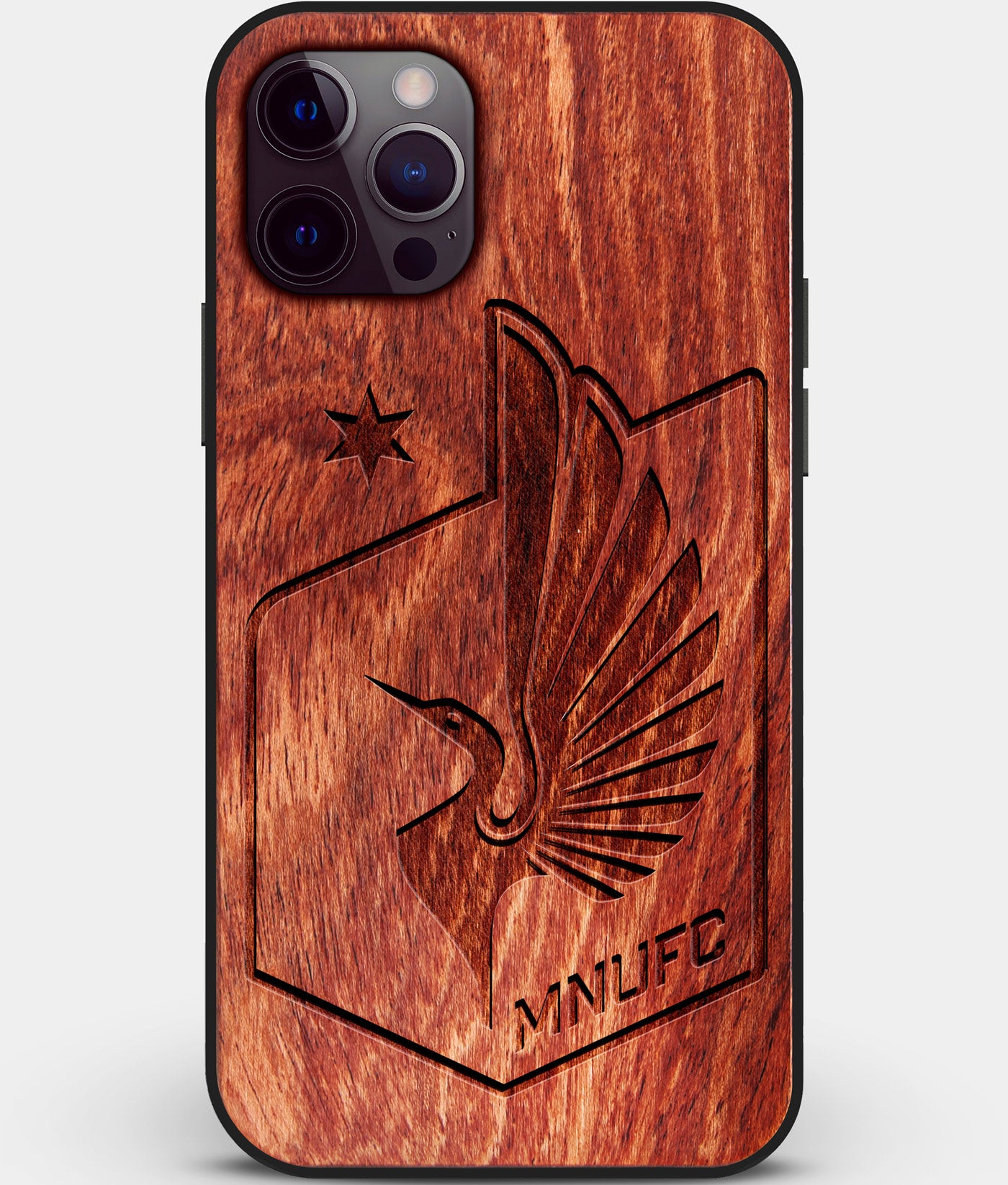 Custom Carved Wood Minnesota United FC iPhone 12 Pro Case | Personalized Mahogany Wood Minnesota United FC Cover, Birthday Gift, Gifts For Him, Monogrammed Gift For Fan | by Engraved In Nature