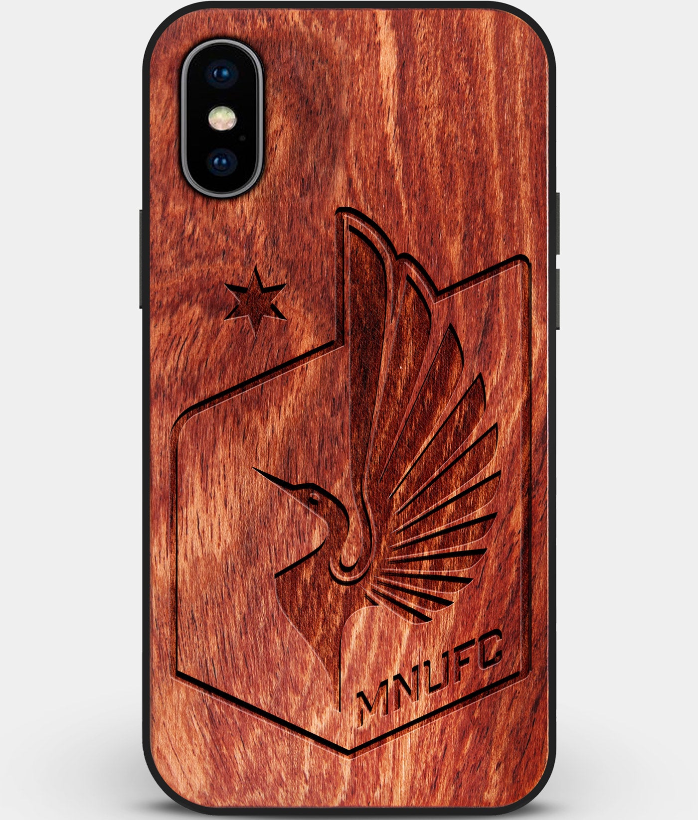 Custom Carved Wood Minnesota United FC iPhone X/XS Case | Personalized Mahogany Wood Minnesota United FC Cover, Birthday Gift, Gifts For Him, Monogrammed Gift For Fan | by Engraved In Nature