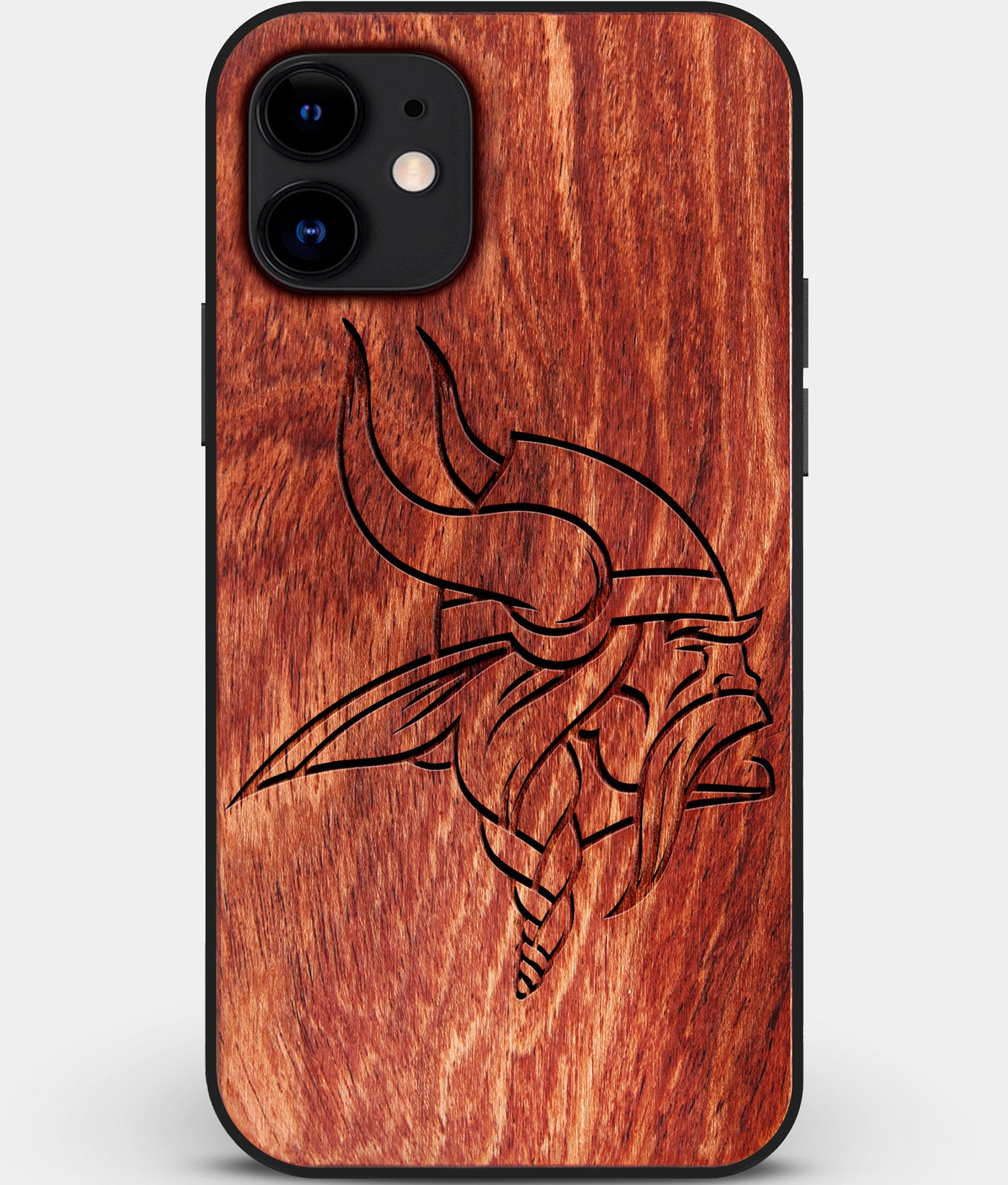 Custom Carved Wood Minnesota Vikings iPhone 12 Case | Personalized Mahogany Wood Minnesota Vikings Cover, Birthday Gift, Gifts For Him, Monogrammed Gift For Fan | by Engraved In Nature