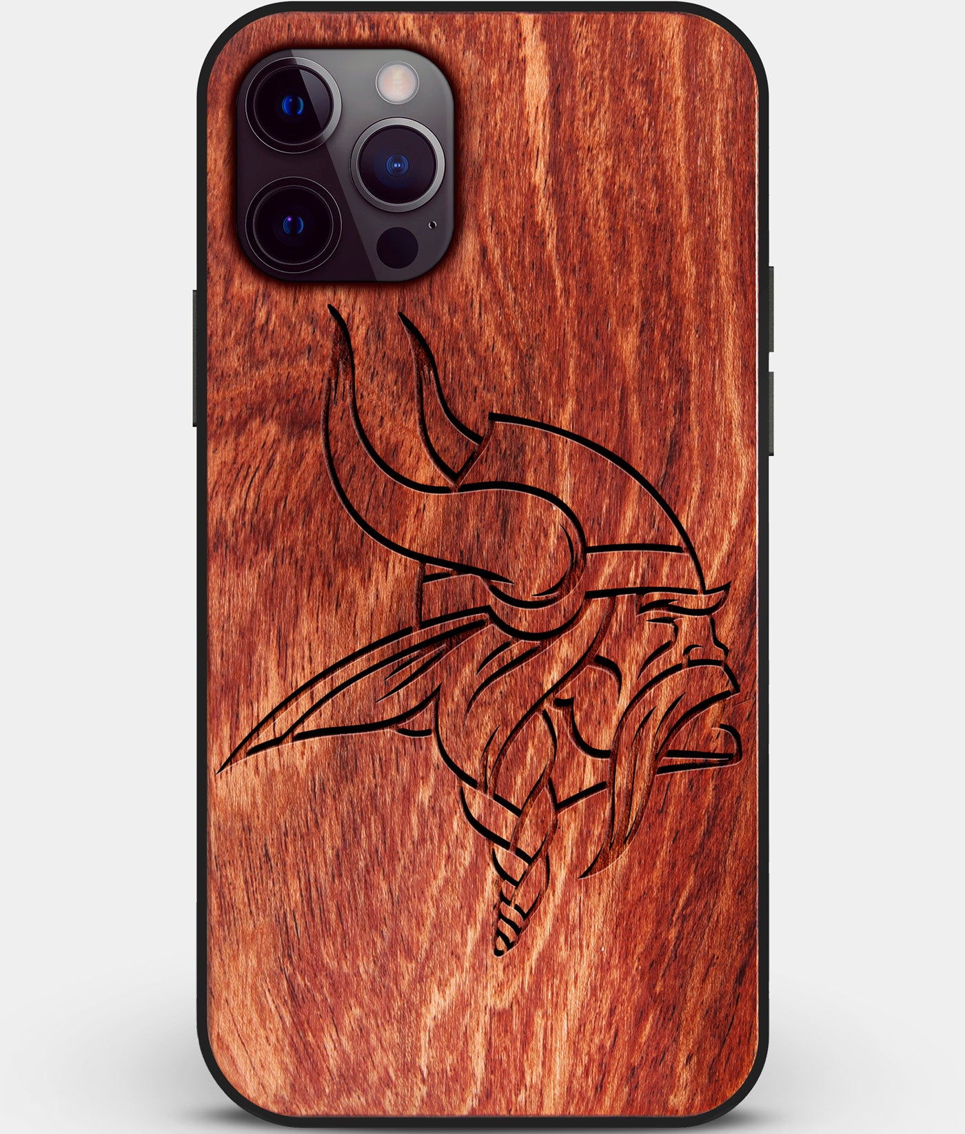 Custom Carved Wood Minnesota Vikings iPhone 12 Pro Case | Personalized Mahogany Wood Minnesota Vikings Cover, Birthday Gift, Gifts For Him, Monogrammed Gift For Fan | by Engraved In Nature