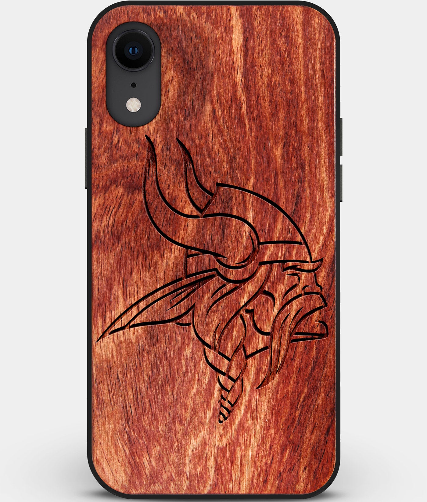 Custom Carved Wood Minnesota Vikings iPhone XR Case | Personalized Mahogany Wood Minnesota Vikings Cover, Birthday Gift, Gifts For Him, Monogrammed Gift For Fan | by Engraved In Nature