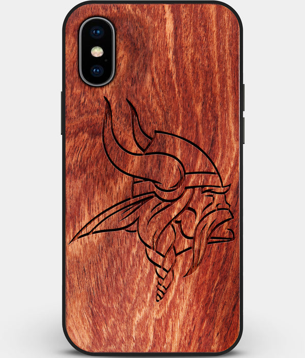 Custom Carved Wood Minnesota Vikings iPhone X/XS Case | Personalized Mahogany Wood Minnesota Vikings Cover, Birthday Gift, Gifts For Him, Monogrammed Gift For Fan | by Engraved In Nature