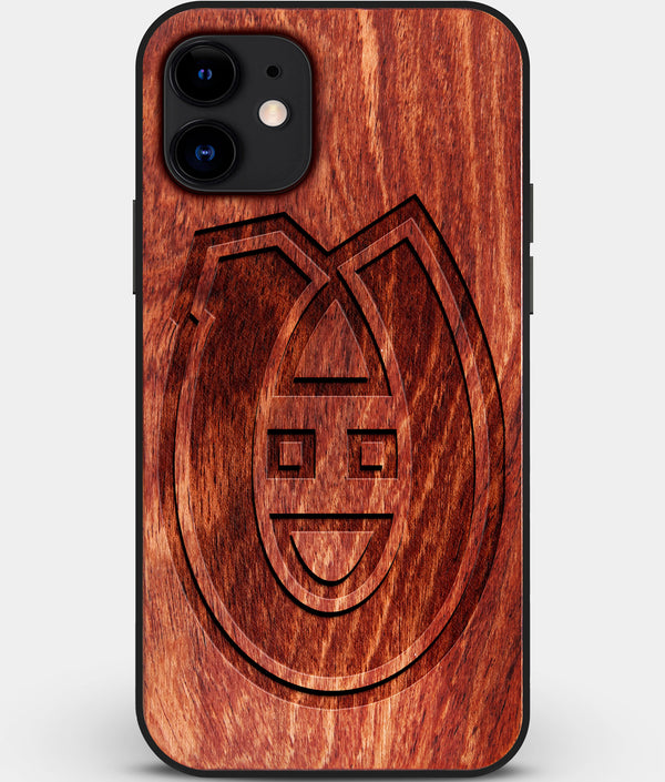 Custom Carved Wood Montreal Canadiens iPhone 12 Case | Personalized Mahogany Wood Montreal Canadiens Cover, Birthday Gift, Gifts For Him, Monogrammed Gift For Fan | by Engraved In Nature
