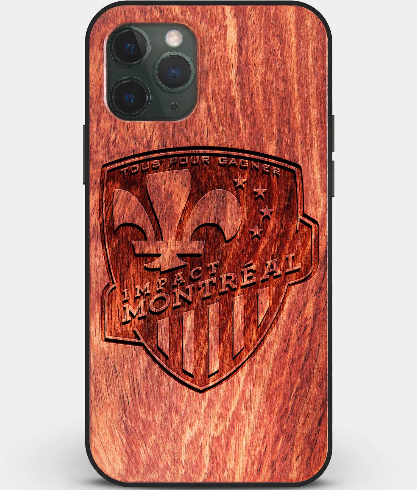 Custom Carved Wood Montreal Impact iPhone 11 Pro Case | Personalized Mahogany Wood Montreal Impact Cover, Birthday Gift, Gifts For Him, Monogrammed Gift For Fan | by Engraved In Nature