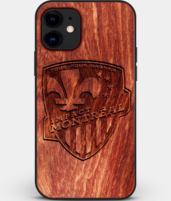 Custom Carved Wood Montreal Impact iPhone 12 Mini Case | Personalized Mahogany Wood Montreal Impact Cover, Birthday Gift, Gifts For Him, Monogrammed Gift For Fan | by Engraved In Nature