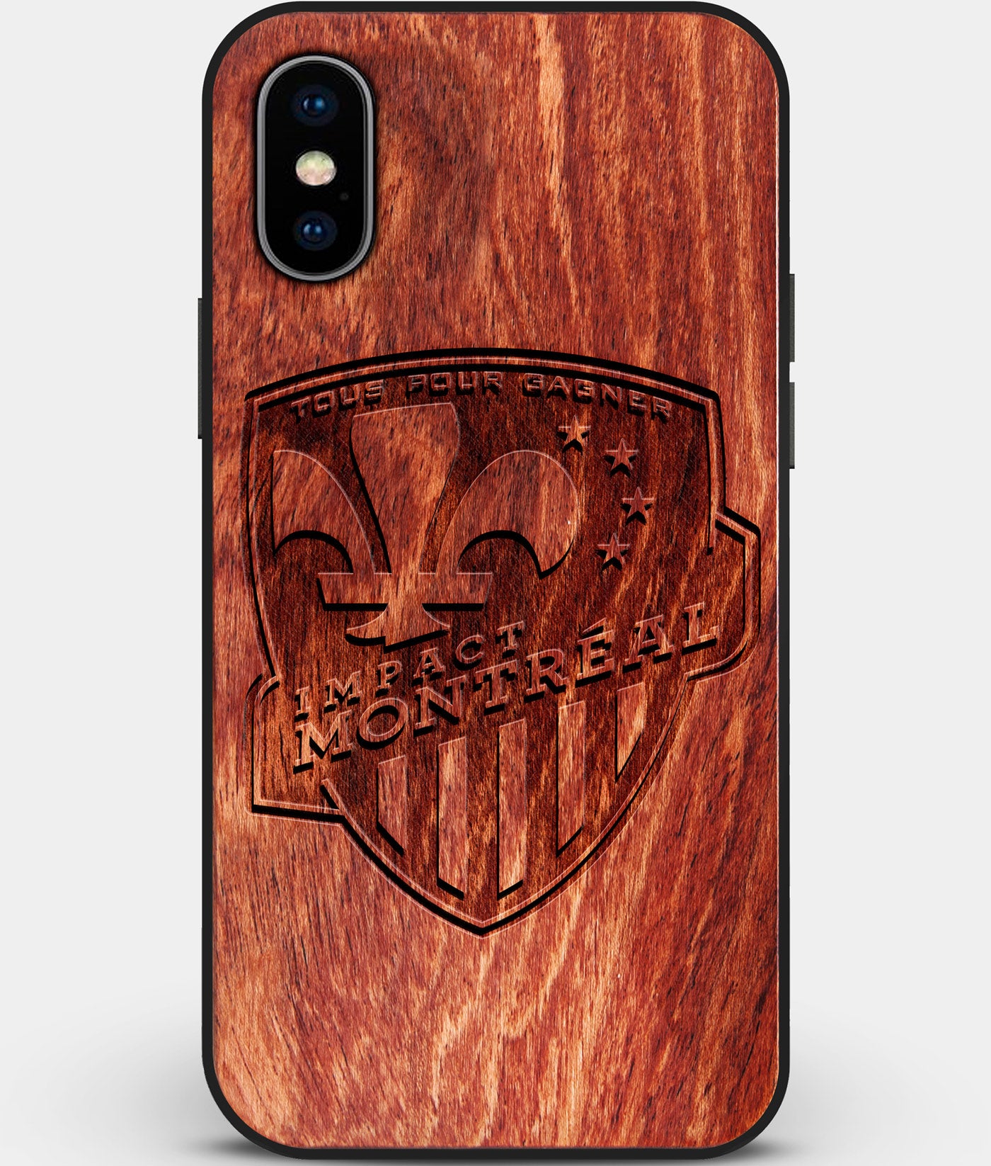 Custom Carved Wood Montreal Impact iPhone X/XS Case | Personalized Mahogany Wood Montreal Impact Cover, Birthday Gift, Gifts For Him, Monogrammed Gift For Fan | by Engraved In Nature
