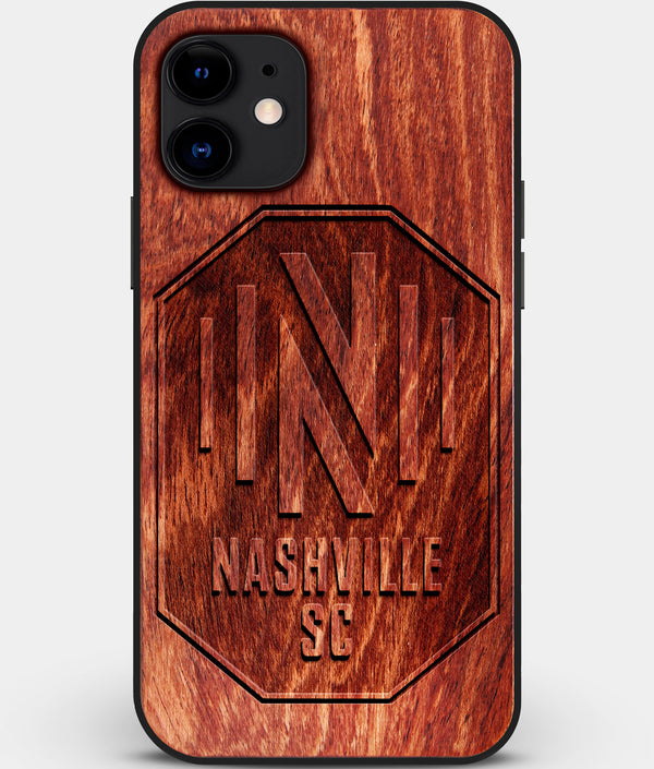 Custom Carved Wood Nashville SC iPhone 11 Case | Personalized Mahogany Wood Nashville SC Cover, Birthday Gift, Gifts For Him, Monogrammed Gift For Fan | by Engraved In Nature