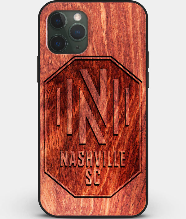 Custom Carved Wood Nashville SC iPhone 11 Pro Case | Personalized Mahogany Wood Nashville SC Cover, Birthday Gift, Gifts For Him, Monogrammed Gift For Fan | by Engraved In Nature
