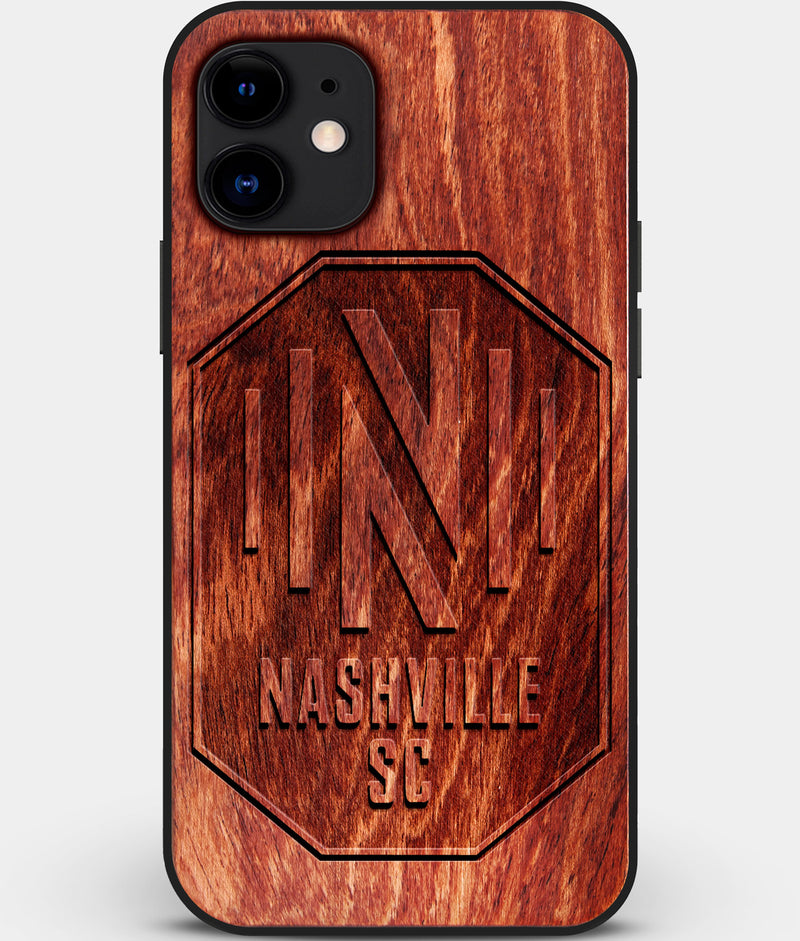 Custom Carved Wood Nashville SC iPhone 12 Case | Personalized Mahogany Wood Nashville SC Cover, Birthday Gift, Gifts For Him, Monogrammed Gift For Fan | by Engraved In Nature
