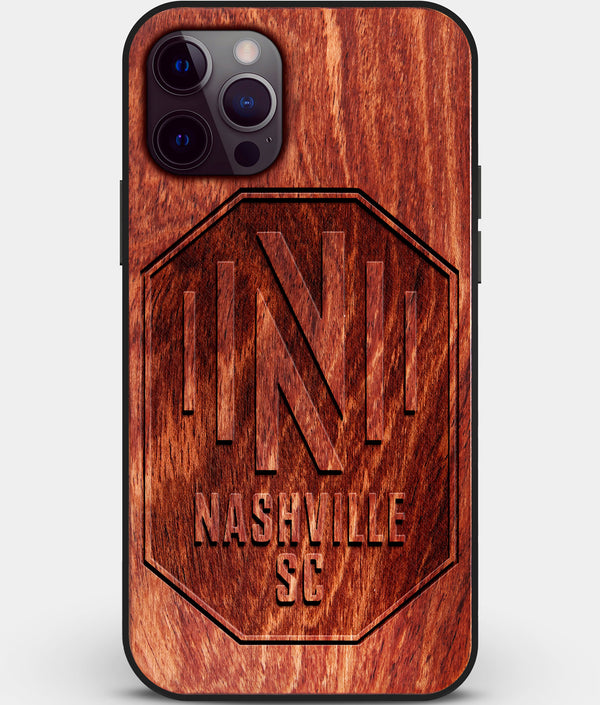 Custom Carved Wood Nashville SC iPhone 12 Pro Case | Personalized Mahogany Wood Nashville SC Cover, Birthday Gift, Gifts For Him, Monogrammed Gift For Fan | by Engraved In Nature