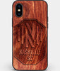 Custom Carved Wood Nashville SC iPhone X/XS Case | Personalized Mahogany Wood Nashville SC Cover, Birthday Gift, Gifts For Him, Monogrammed Gift For Fan | by Engraved In Nature