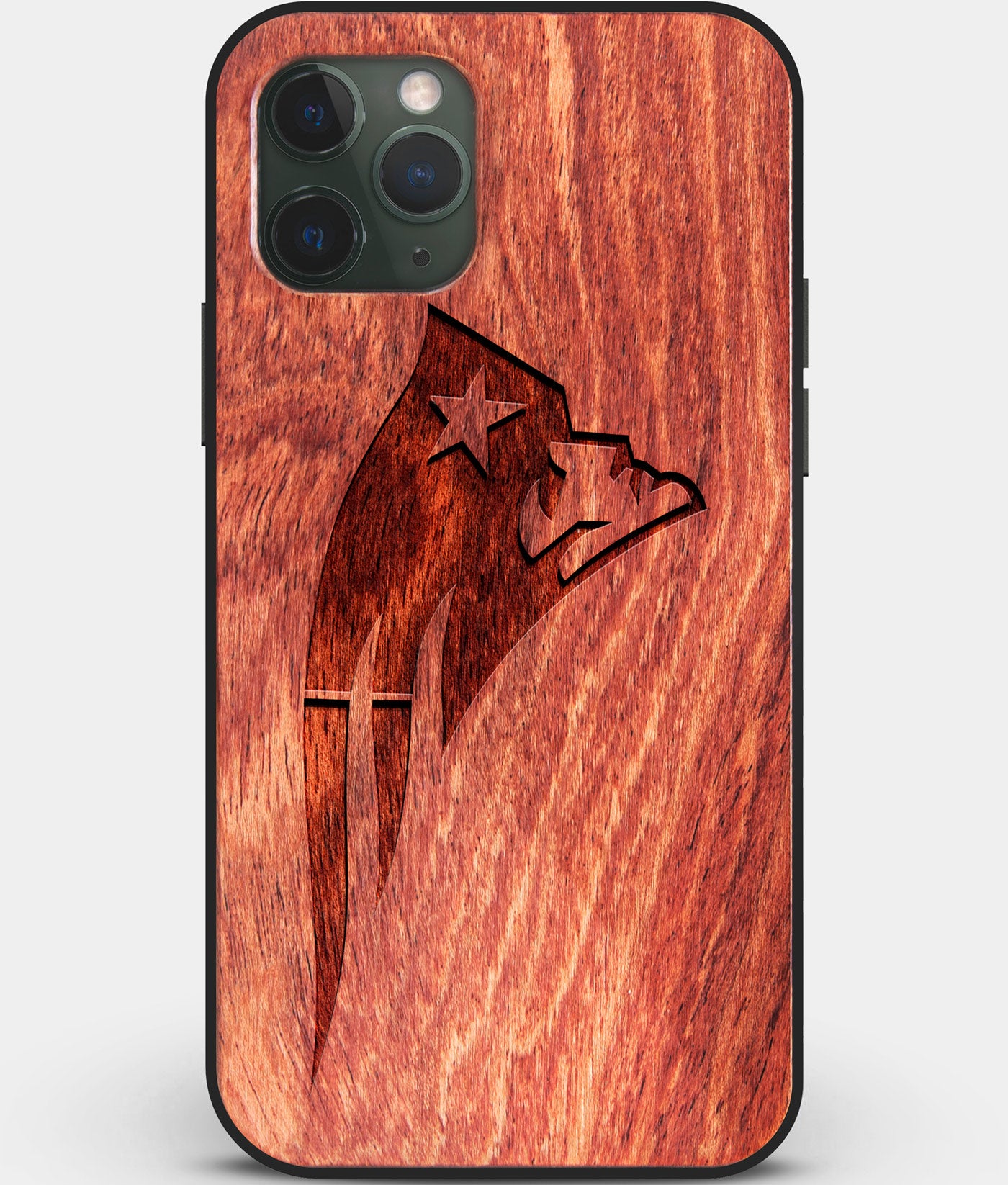 Custom Carved Wood New England Patriots iPhone 11 Pro Max Case | Personalized Mahogany Wood New England Patriots Cover, Birthday Gift, Gifts For Him, Monogrammed Gift For Fan | by Engraved In Nature
