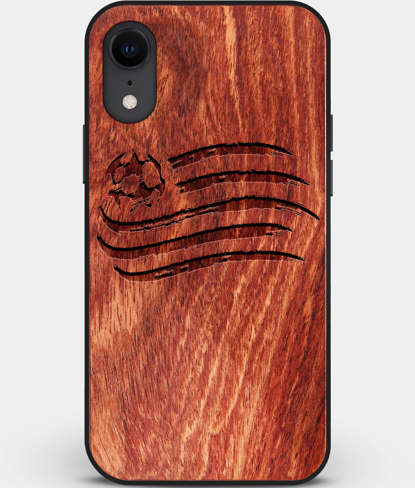 Custom Carved Wood New England Revolution iPhone XR Case | Personalized Mahogany Wood New England Revolution Cover, Birthday Gift, Gifts For Him, Monogrammed Gift For Fan | by Engraved In Nature