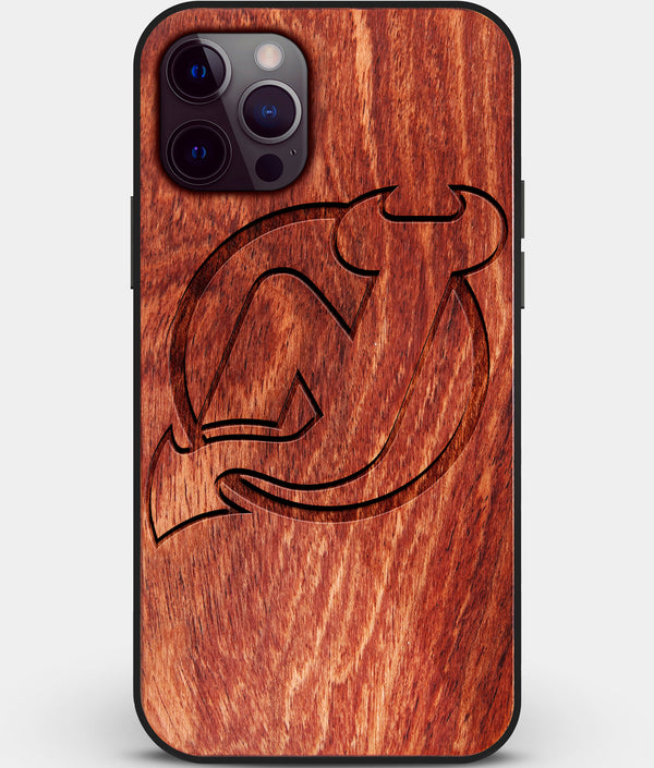 Custom Carved Wood New Jersey Devils iPhone 12 Pro Case | Personalized Mahogany Wood New Jersey Devils Cover, Birthday Gift, Gifts For Him, Monogrammed Gift For Fan | by Engraved In Nature