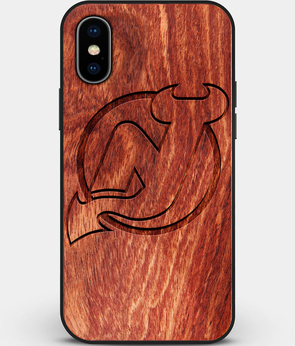 Custom Carved Wood New Jersey Devils iPhone X/XS Case | Personalized Mahogany Wood New Jersey Devils Cover, Birthday Gift, Gifts For Him, Monogrammed Gift For Fan | by Engraved In Nature