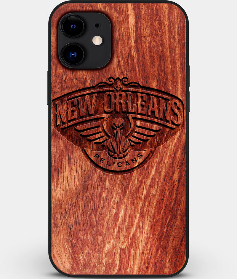 Custom Carved Wood New Orleans Pelicans iPhone 11 Case | Personalized Mahogany Wood New Orleans Pelicans Cover, Birthday Gift, Gifts For Him, Monogrammed Gift For Fan | by Engraved In Nature