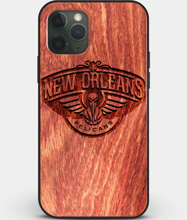 Custom Carved Wood New Orleans Pelicans iPhone 11 Pro Case | Personalized Mahogany Wood New Orleans Pelicans Cover, Birthday Gift, Gifts For Him, Monogrammed Gift For Fan | by Engraved In Nature