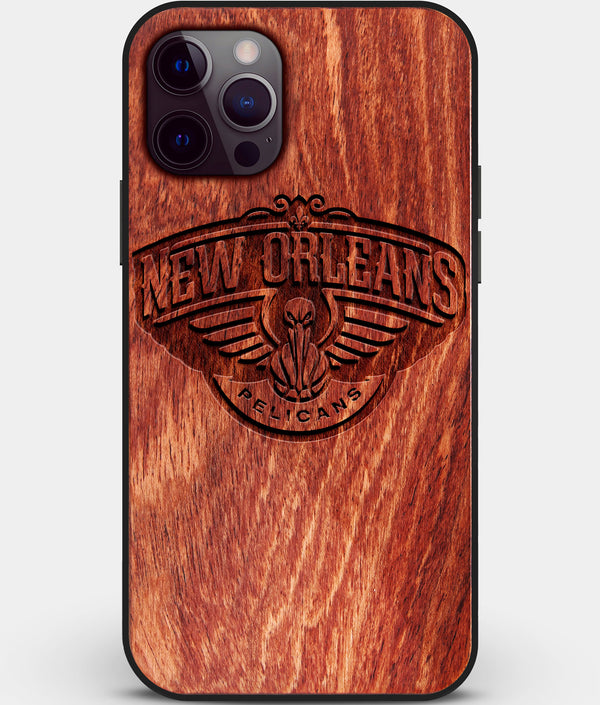 Custom Carved Wood New Orleans Pelicans iPhone 12 Pro Case | Personalized Mahogany Wood New Orleans Pelicans Cover, Birthday Gift, Gifts For Him, Monogrammed Gift For Fan | by Engraved In Nature
