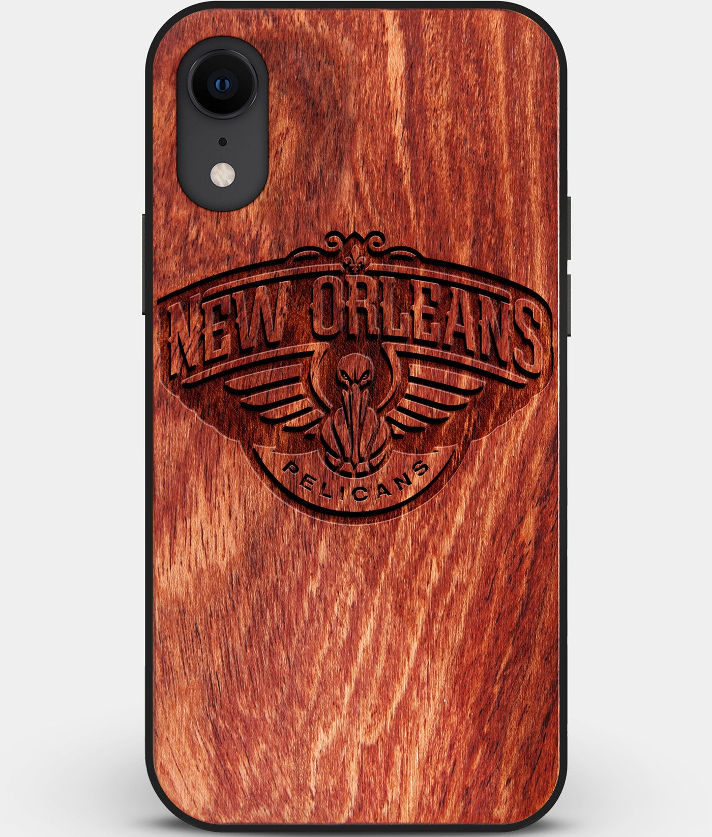 Custom Carved Wood New Orleans Pelicans iPhone XR Case | Personalized Mahogany Wood New Orleans Pelicans Cover, Birthday Gift, Gifts For Him, Monogrammed Gift For Fan | by Engraved In Nature