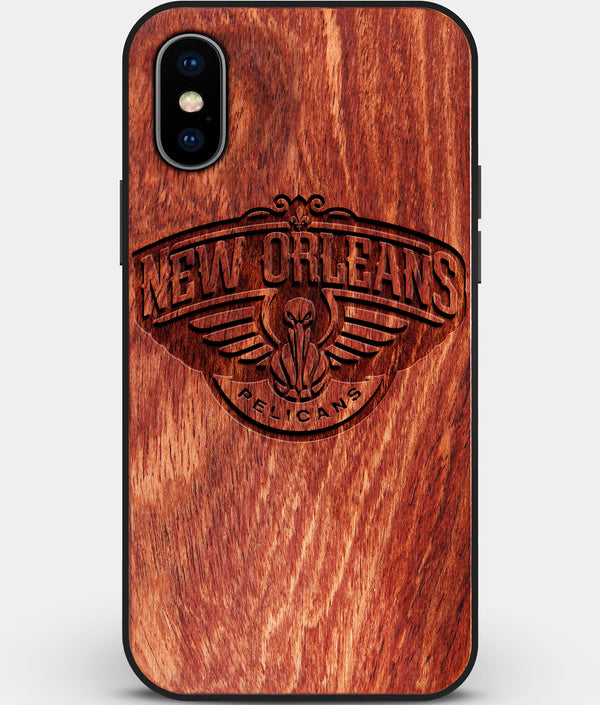 Custom Carved Wood New Orleans Pelicans iPhone X/XS Case | Personalized Mahogany Wood New Orleans Pelicans Cover, Birthday Gift, Gifts For Him, Monogrammed Gift For Fan | by Engraved In Nature