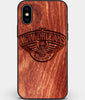 Custom Carved Wood New Orleans Pelicans iPhone X/XS Case | Personalized Mahogany Wood New Orleans Pelicans Cover, Birthday Gift, Gifts For Him, Monogrammed Gift For Fan | by Engraved In Nature