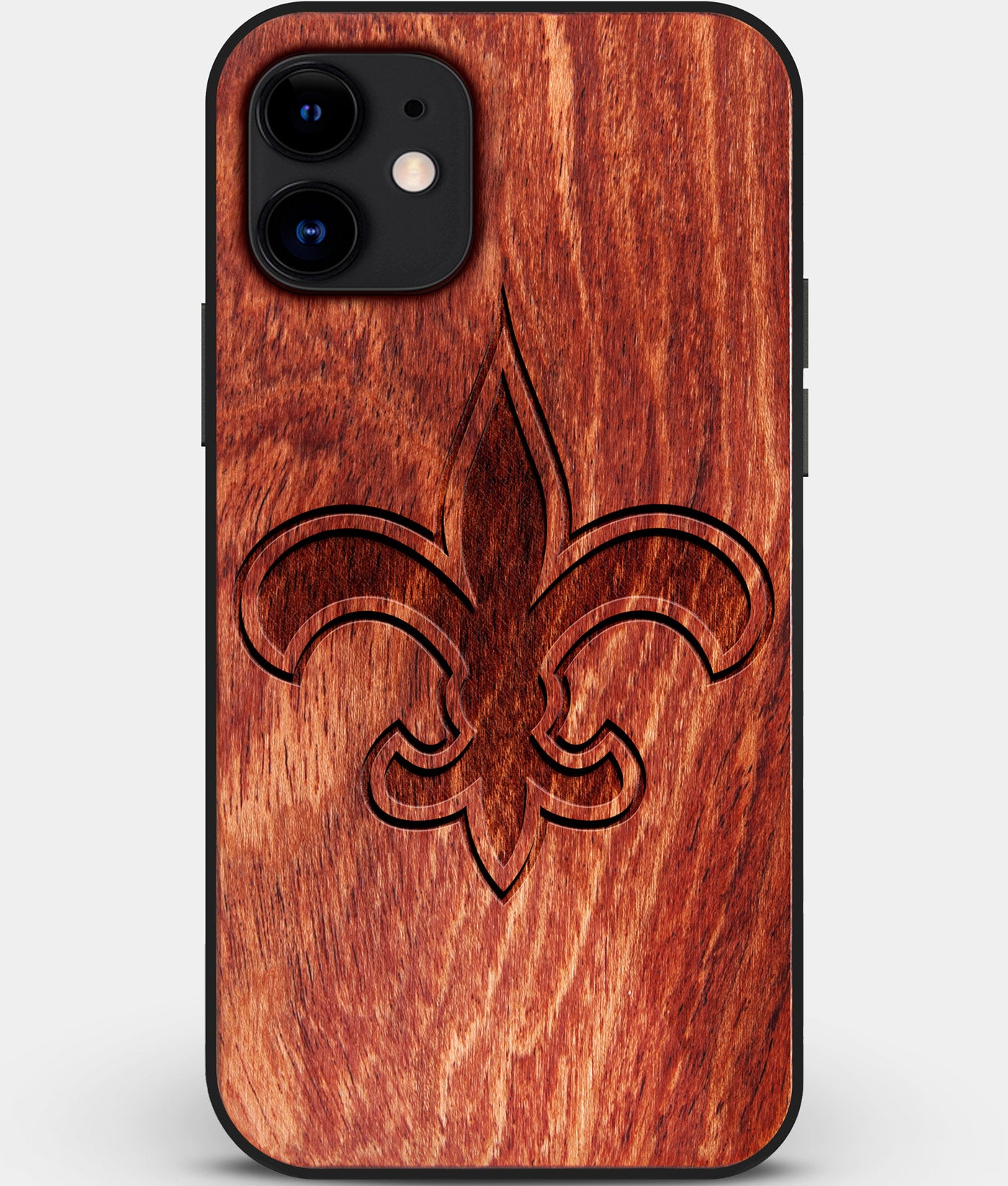 Custom Carved Wood New Orleans Saints iPhone 11 Case | Personalized Mahogany Wood New Orleans Saints Cover, Birthday Gift, Gifts For Him, Monogrammed Gift For Fan | by Engraved In Nature