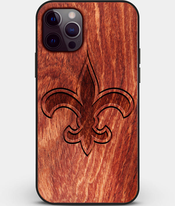 Custom Carved Wood New Orleans Saints iPhone 12 Pro Case | Personalized Mahogany Wood New Orleans Saints Cover, Birthday Gift, Gifts For Him, Monogrammed Gift For Fan | by Engraved In Nature