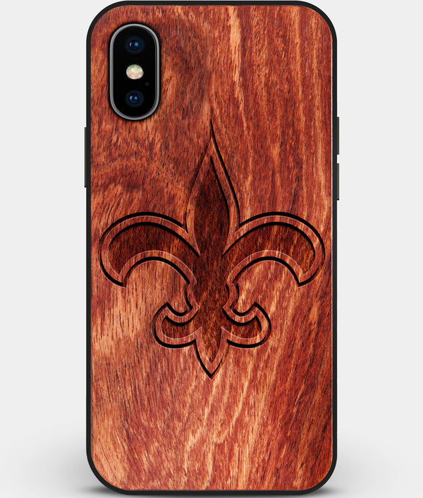 Custom Carved Wood New Orleans Saints iPhone X/XS Case | Personalized Mahogany Wood New Orleans Saints Cover, Birthday Gift, Gifts For Him, Monogrammed Gift For Fan | by Engraved In Nature