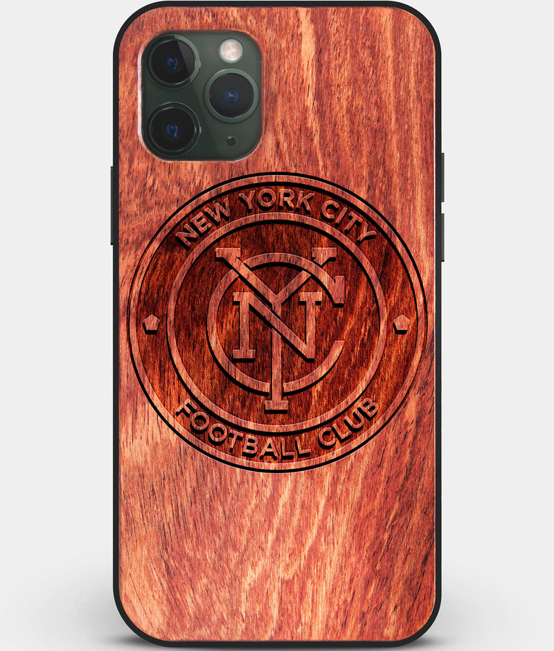 Custom Carved Wood New York City FC iPhone 11 Pro Case | Personalized Mahogany Wood New York City FC Cover, Birthday Gift, Gifts For Him, Monogrammed Gift For Fan | by Engraved In Nature